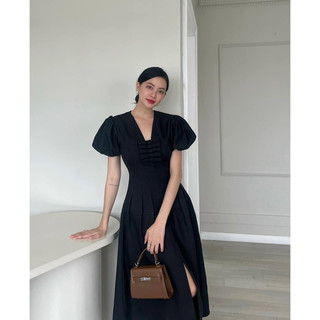 Đầm dự tiệc công sở cổ V phối nơ