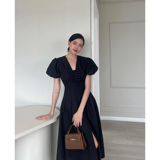 Đầm dự tiệc công sở cổ V phối nơ