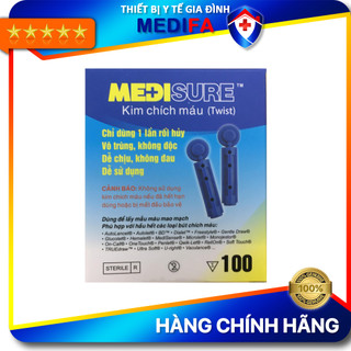Hộp 100 kim chích máu đường huyết Medisure vô trùng, đầu xoay vát 3 cạnh giảm đau và bớt sưng