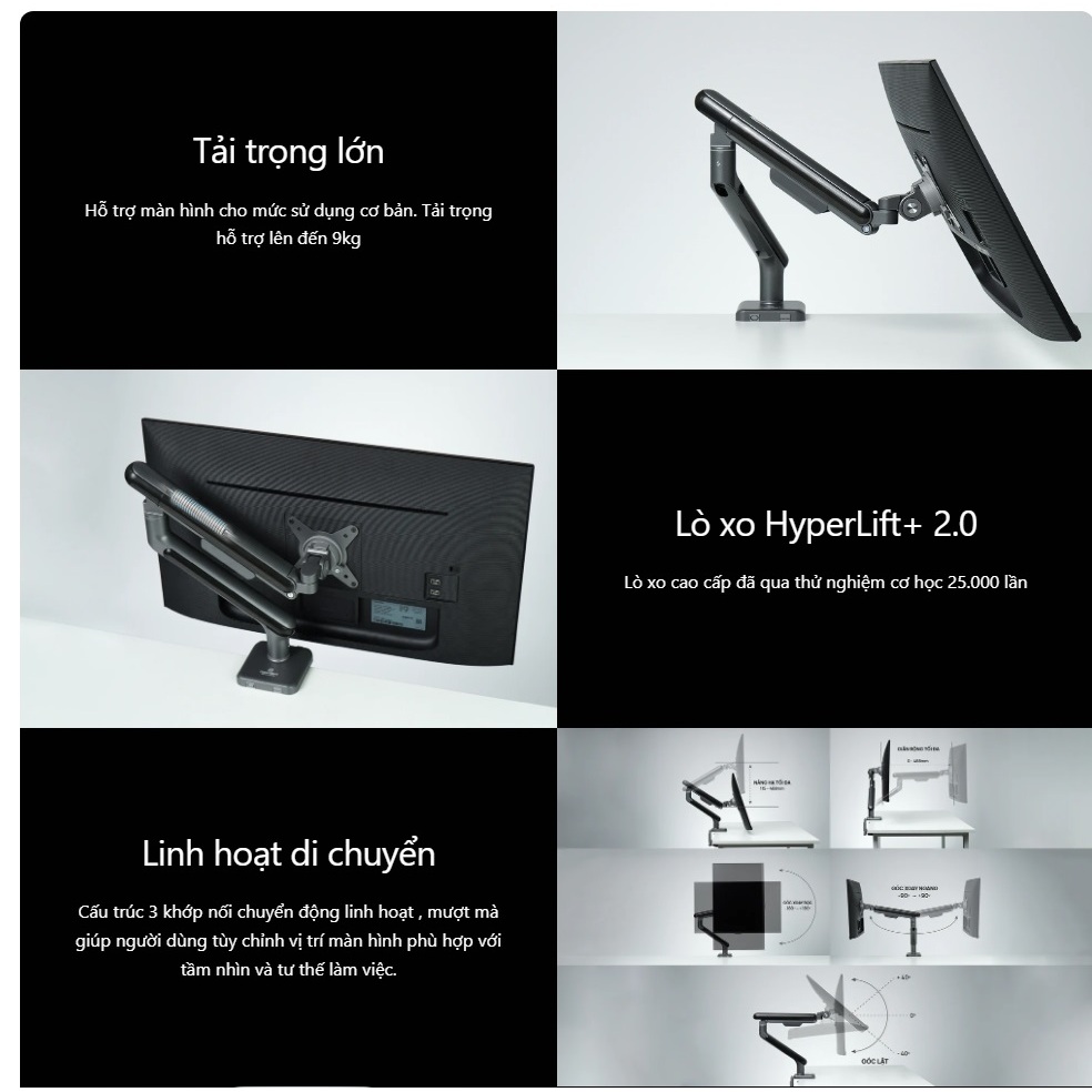 Giá treo màn hình Human motion HyperWork A1C Màn hình 17- 32inch Tải trọng 9kg Lò xo cao cấp HyperLift+ 2.0