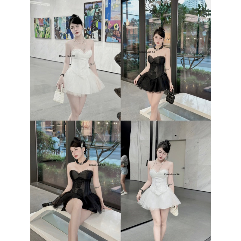 Set áo quây cúp ngực phối ren mix chân váy lưới xoè siêu sang