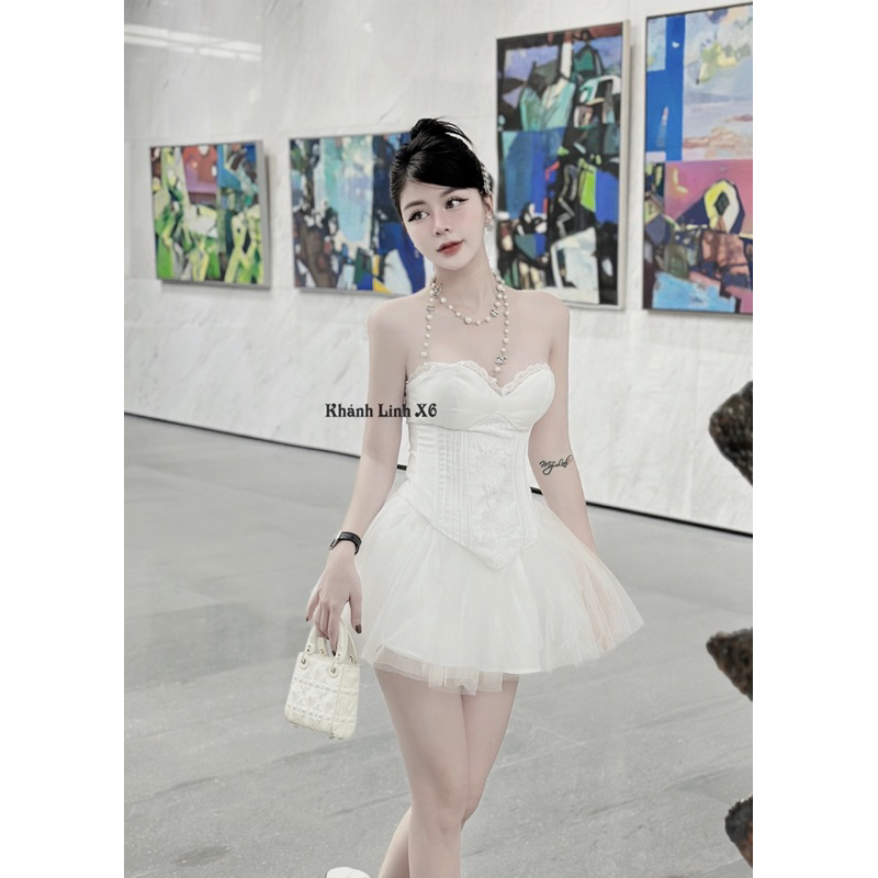 Set áo quây cúp ngực phối ren mix chân váy lưới xoè siêu sang