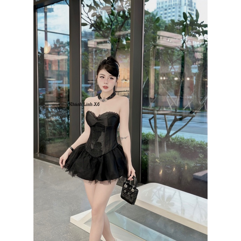 Set áo quây cúp ngực phối ren mix chân váy lưới xoè siêu sang