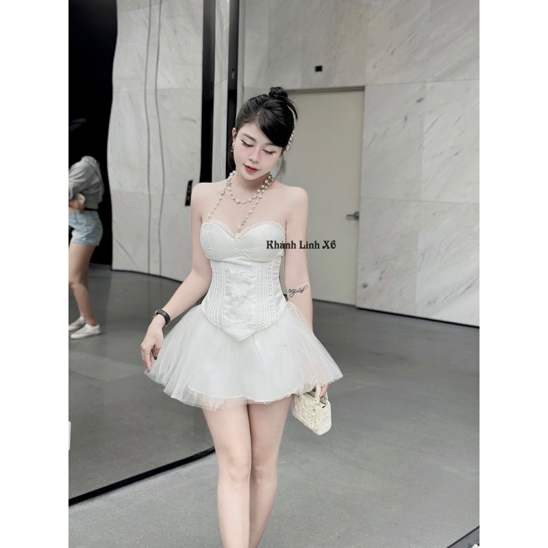 Set áo quây cúp ngực phối ren mix chân váy lưới xoè siêu sang