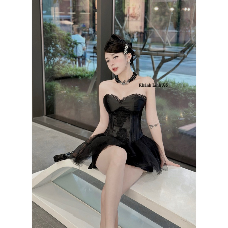 Set áo quây cúp ngực phối ren mix chân váy lưới xoè siêu sang