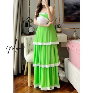 Đầm maxi nữ 2 dây trơn tầng viền ren mimix ck7250