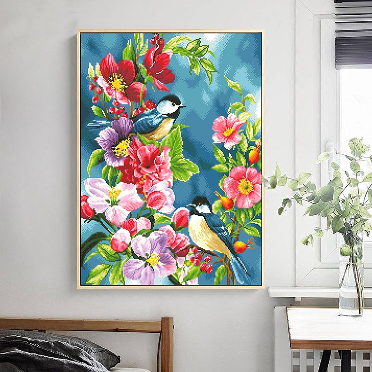 Tranh thêu kín Đôi chim và hoa D09148, kích thước 50*70 cm