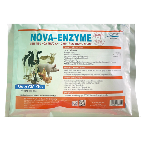 Nova-Enzyme_gói 1kg_Men Tăng trọng nhanh, tăng sinh sản, phòng và trị tiêu chảy + phân sống cho Bò Heo Gà Vịt Dê