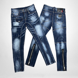 Quần jean bò nam Dsq2 biker slimfit xanh bạc vảy sơn nắp túi đùi phối khoá zip dọc ống sau QJ371P