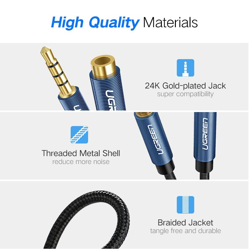 Cáp nối dài 3.5mm Ugreen Male to Female Aux Cable, vỏ nhôm, dây bện dù, có hỗ trợ MIc, bảo hành 12 tháng