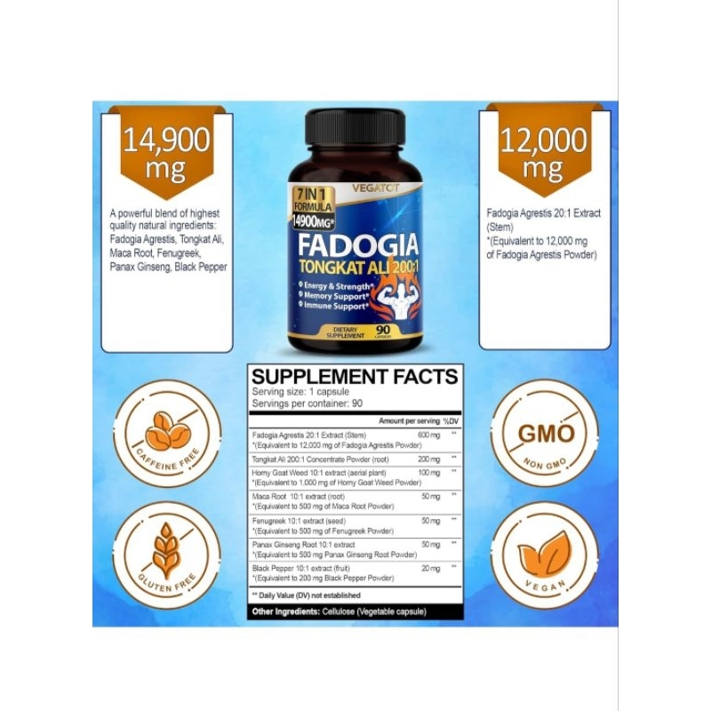 Viên Vegatot Tongkat Ali 14.900mg, Fadogia Tăng Sức Bền Sinh Lý Nam, Bổ Gan Thận, Tăng Cơ Bắp  Maca Ginseng