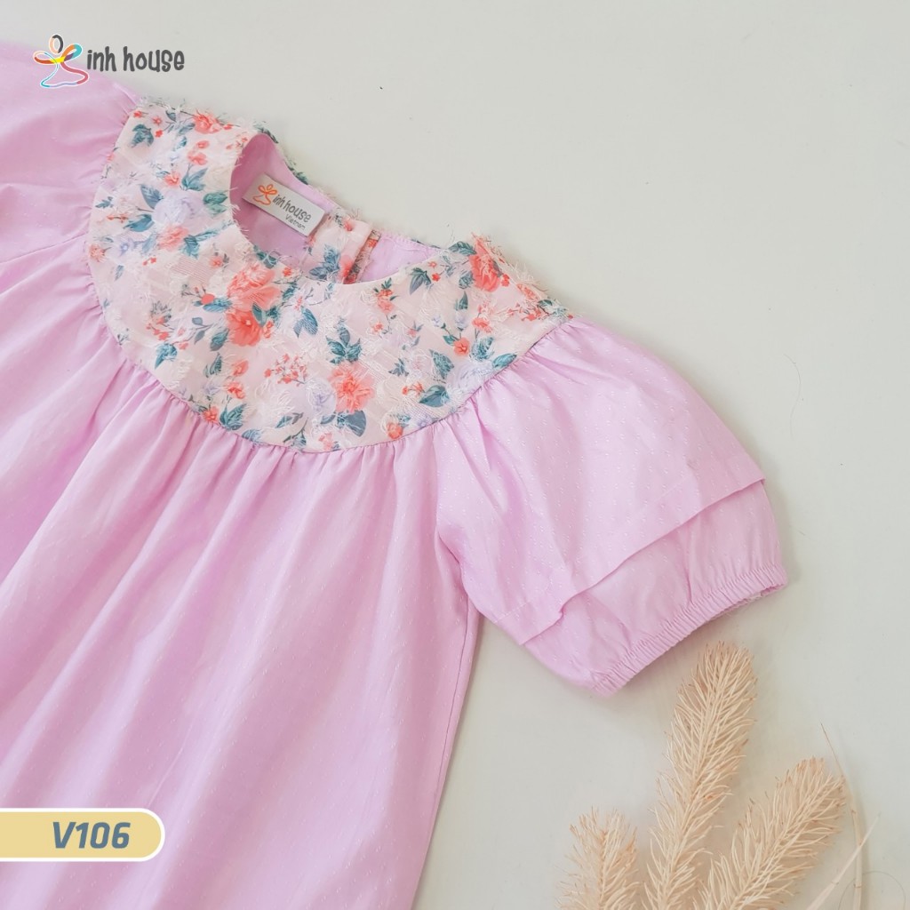 Váy Trẻ Em Xinh House Cotton Màu Hồng Phối Hoa Dáng Baby Doll V106