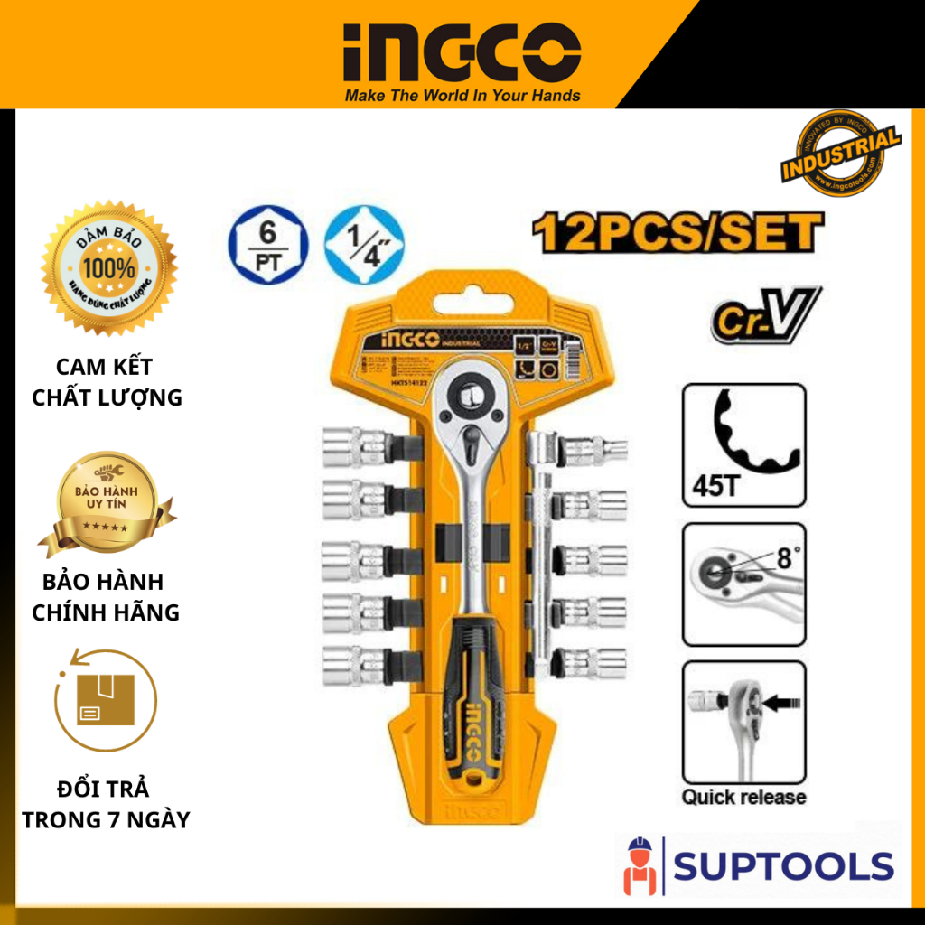 Bộ 12 đầu tuýp tay vặn 1/4" INGCO HKTS14122 50BV30 Thép CrV chất lượng cao [Đồ nghề chính hãng]