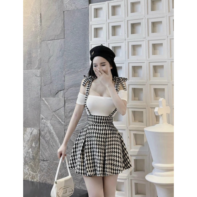 Sét yếm dạ 2 dây phối áo tay trễ vai siêu xinh chất dạ cao cấp