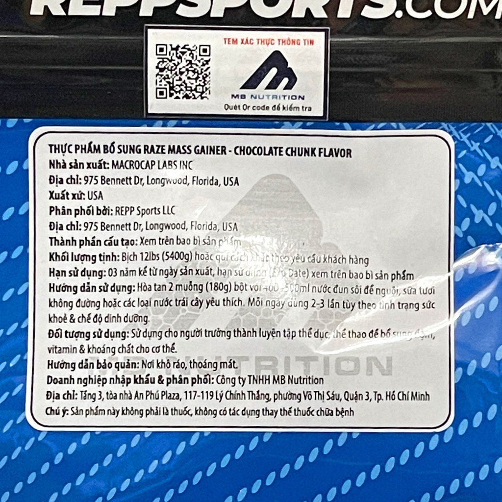 Sữa tăng cân tăng cơ cao cấp Raze Mass Gainer hương Chocolate bịch lớn 5.4kg - Phân phối chính hãng
