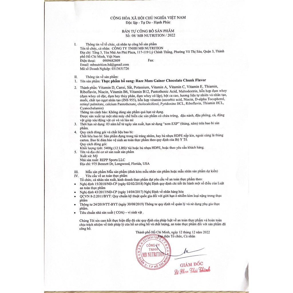 Sữa tăng cân tăng cơ cao cấp Raze Mass Gainer hương Chocolate bịch lớn 5.4kg - Phân phối chính hãng