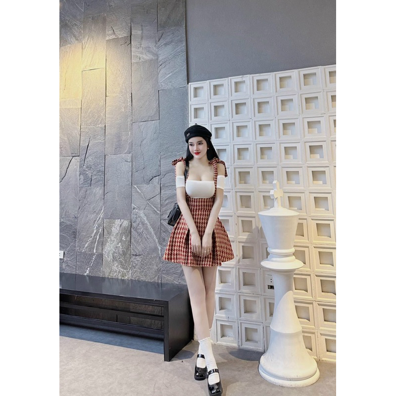 Sét yếm dạ 2 dây phối áo tay trễ vai siêu xinh chất dạ cao cấp