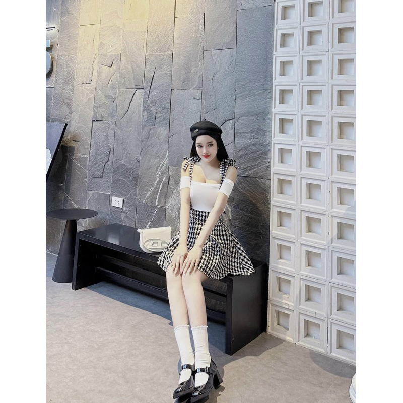 Sét yếm dạ 2 dây phối áo tay trễ vai siêu xinh chất dạ cao cấp