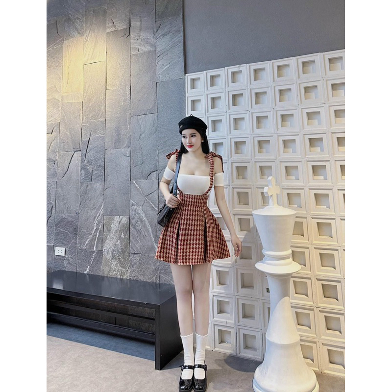 Sét yếm dạ 2 dây phối áo tay trễ vai siêu xinh chất dạ cao cấp