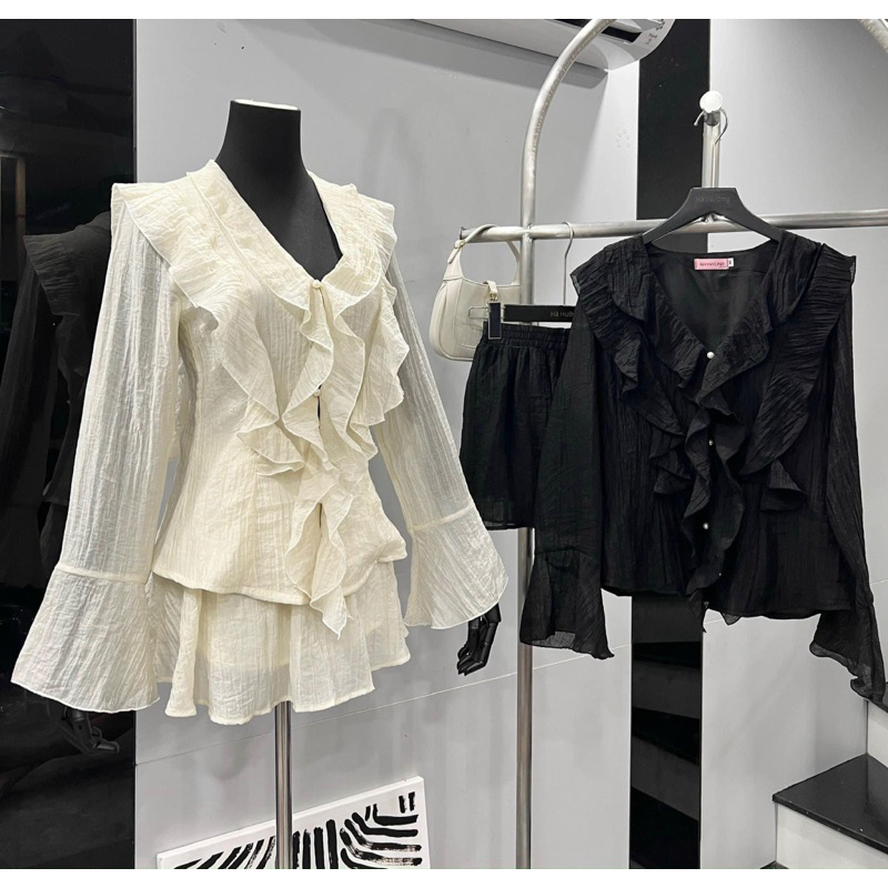 SET ÁO CỔ V NHÚN BÈO TAY LOE TƠ KÍNH CAO CẤP PHỐI CHÂN VÁY