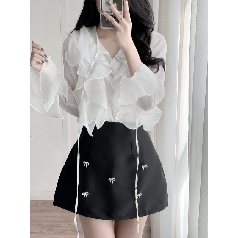 Set 2 chi tiết áo bèo chân váy chữ A