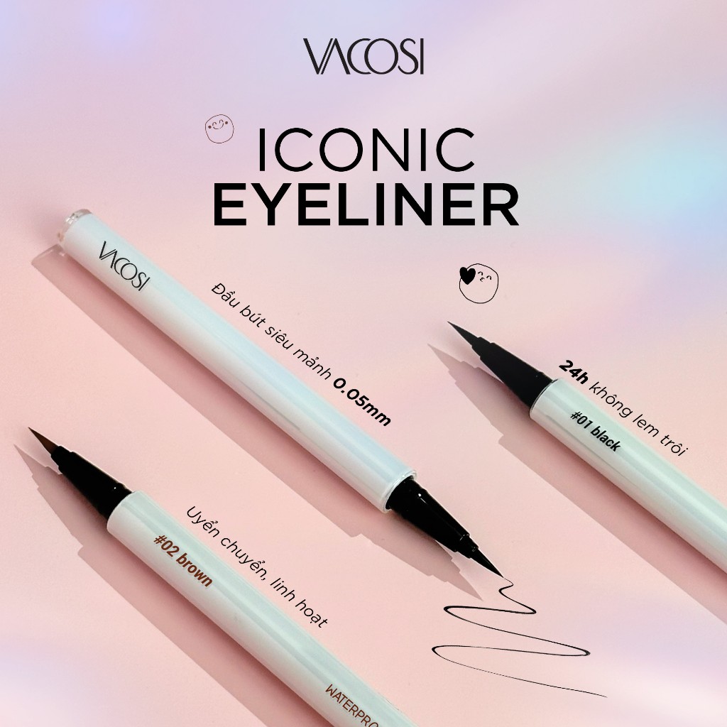 Bút Kẻ Mắt Nước 24H VACOSI Không Lem Waterproof Eyeliner - Phiên Bản Ngọc Trai, Đầu Bút Lông, 2 Màu Mực Đen / Nâu