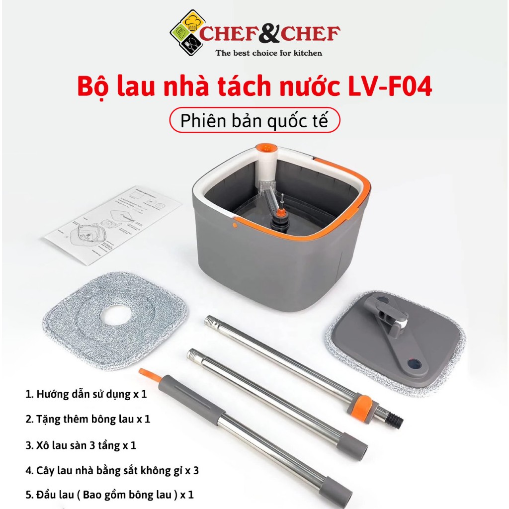 Bộ lau nhà CHEF&CHEF mã LV - F04 có 2 ngăn riêng biệt tách nước bẩn, độc đáo và rất thân thiện với người tiêu dùng.