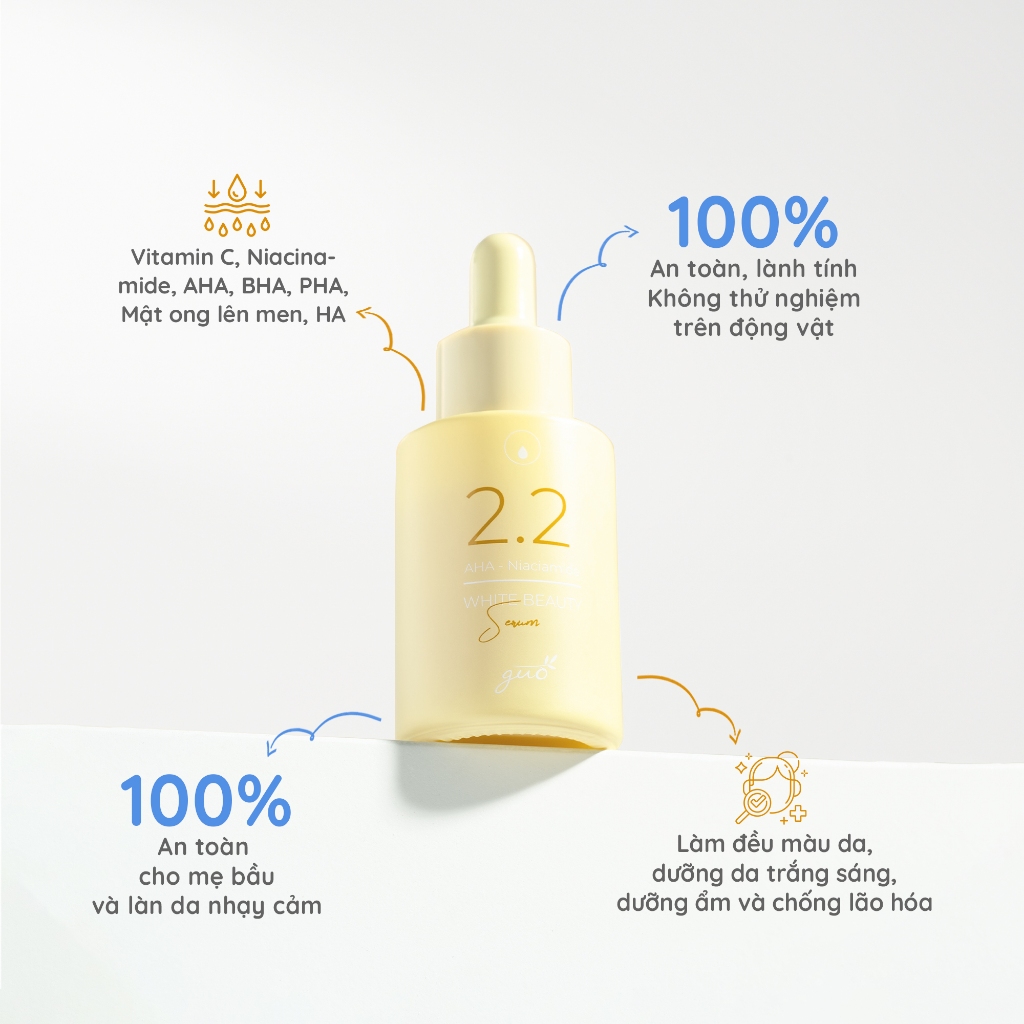 Serum dưỡng trắng sáng, mờ thâm nám, ngăn ngừa mụn AHA, BHA, PHA, Vitamin C, Niacinamide GUO 30ml