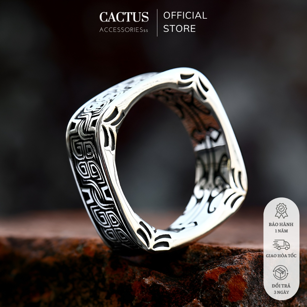 Nhẫn hoạ tiết rune, nhẫn vuông thép titan không gỉ - Cactus Accessoriesss