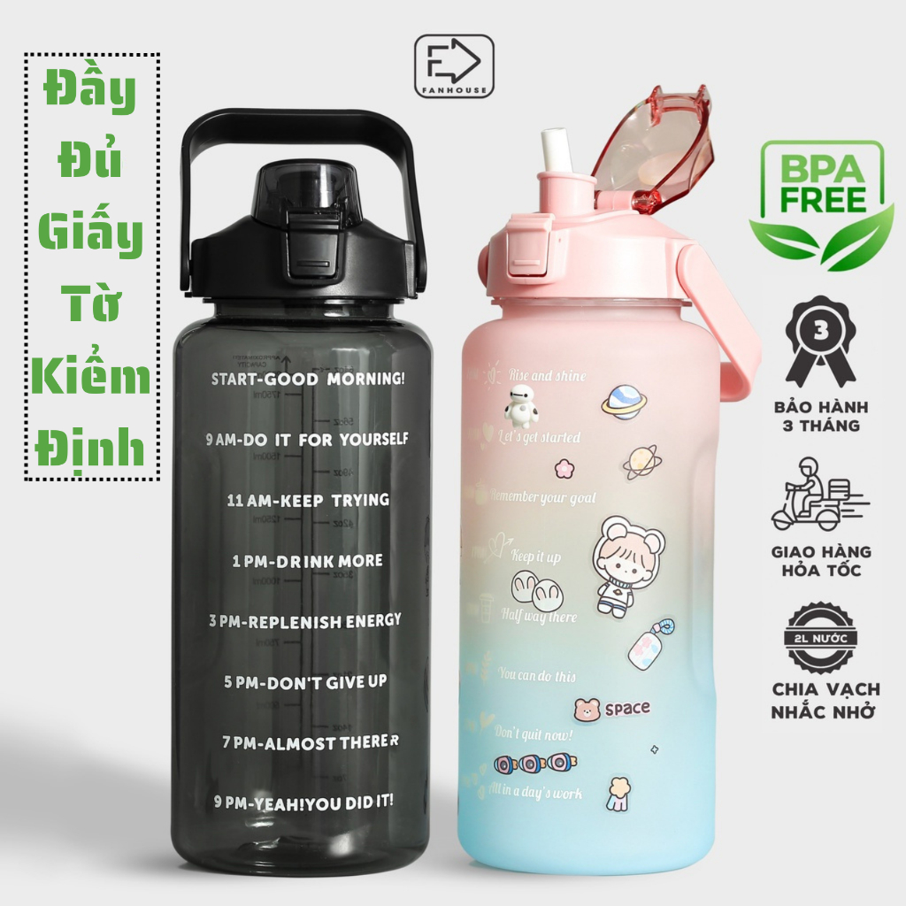Bình nước 2 lít tặng Sticker dành cho người lười uống nước Fan House bình nước cute 2L có ống hút, vạch chia nhắc giờ