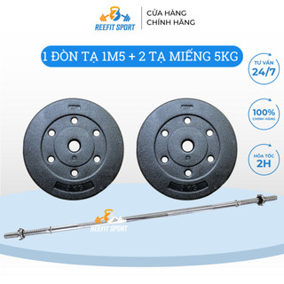 Bộ đòn tạ dài 1m5 và 10kg tạ miếng nhựa đen