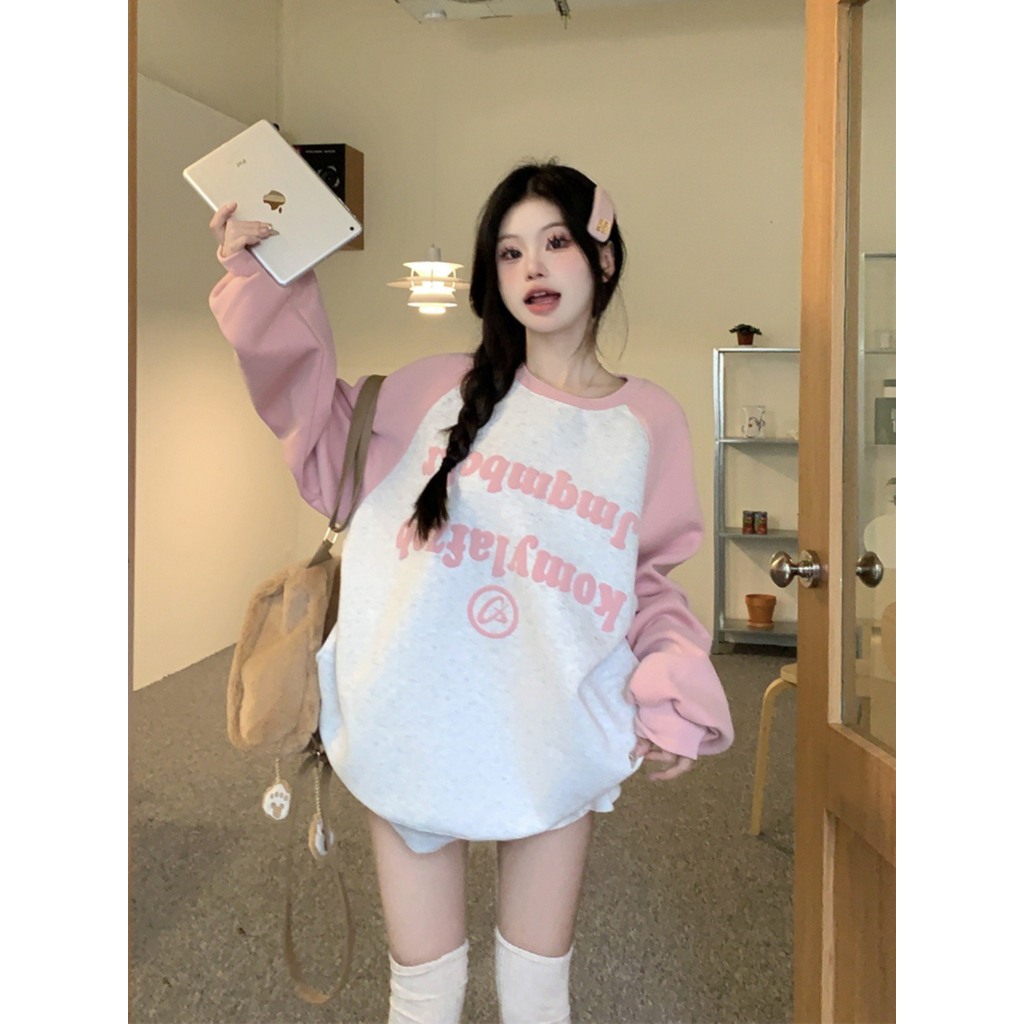 Áo sweater nỉ nữ tay dài in chữ dáng rộng mùa thu đông 2023