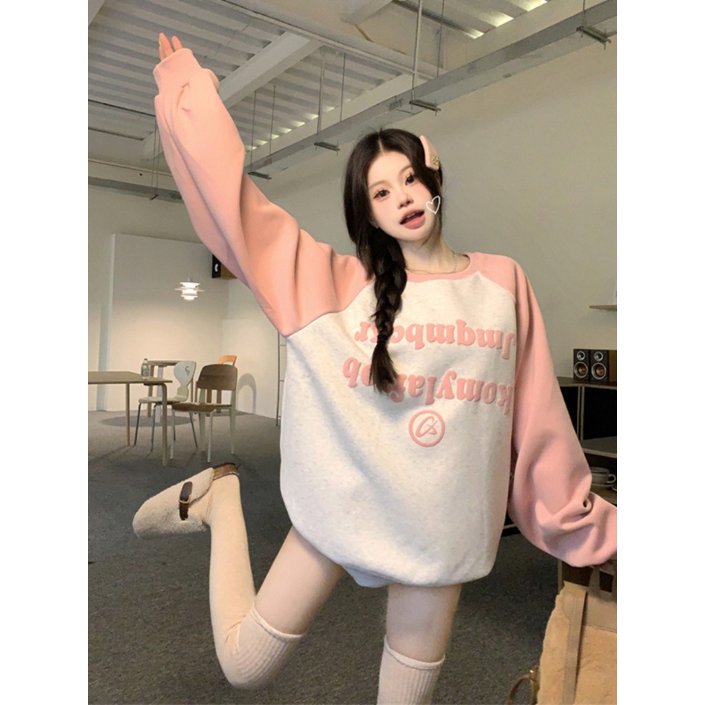 Áo sweater nỉ nữ tay dài in chữ dáng rộng mùa thu đông 2023