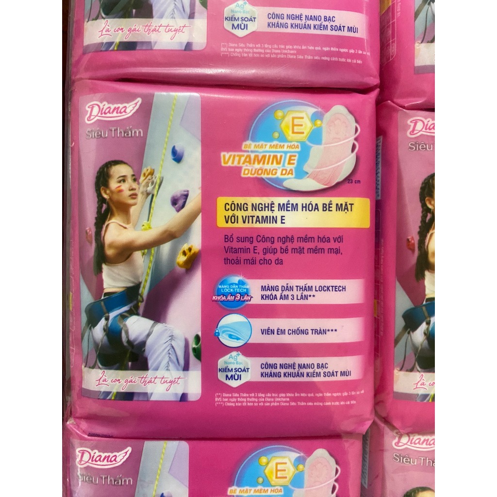 Lốc 6 gói Băng Vệ Sinh Diana siêu thấm siêu mỏng cánh NGÀY NHIỀU 23/29cm 6/8 miếng/gói Mặt lưới