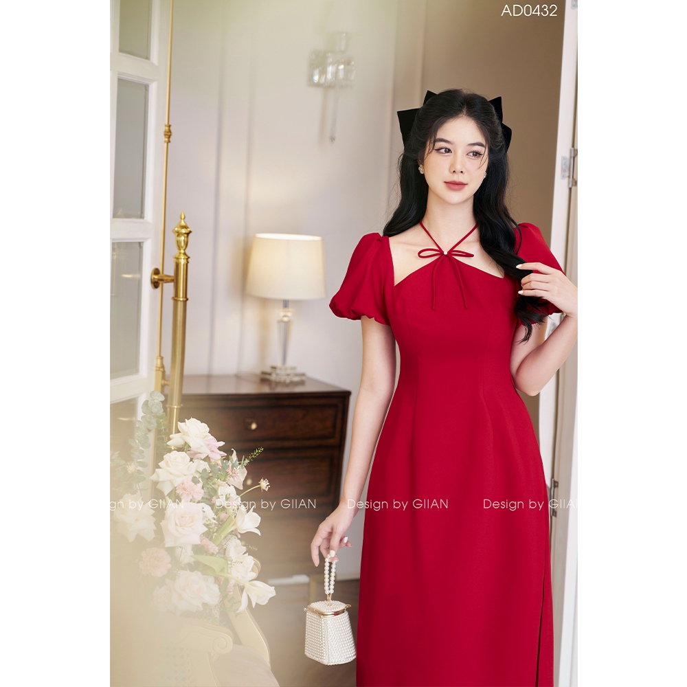 Áo dài cách tân nữ đỏ Giian cổ yếm thiết kế tay bồng vải trượt mềm may sẵn cho cô dâu, dự tiệc, mặc tết - AD0432 QU0096