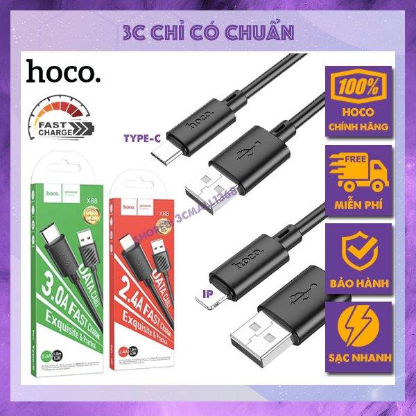 Dây cáp sạc nhanh chính hãng Hoco X88 2.4A dài 1m cổng Micro TYPE-C ip cho Android 6 7 8 xsmax 11 12 13 14 pro promax