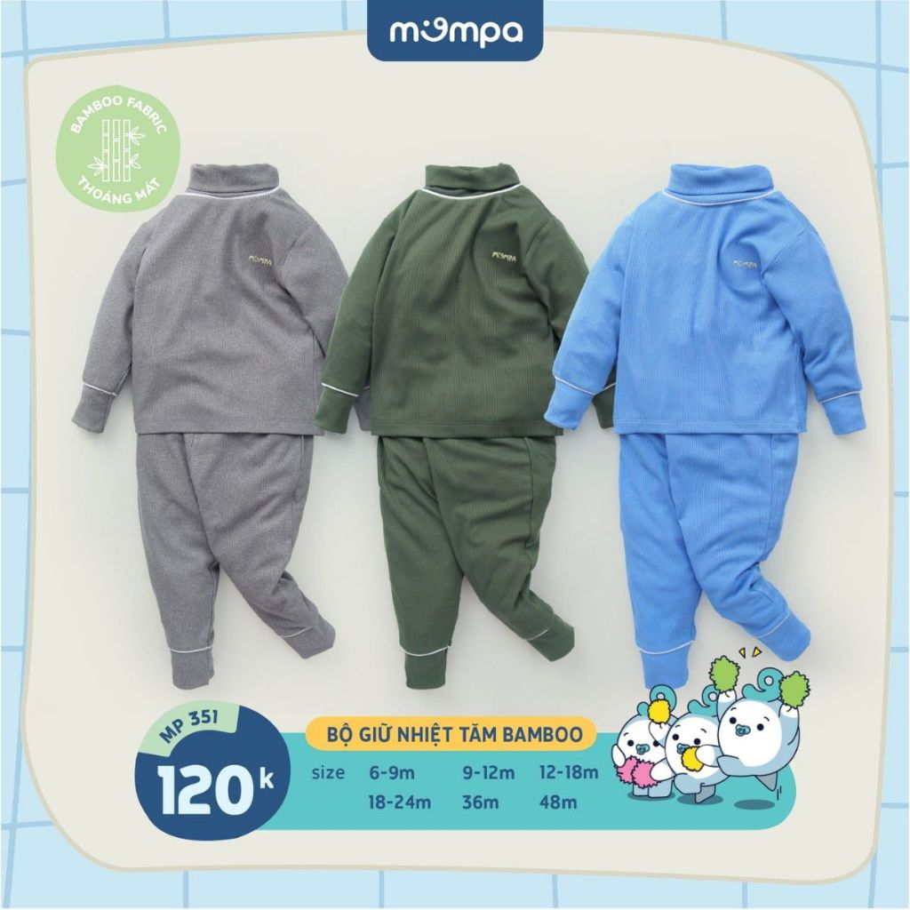 Bộ giữ nhiệt cho bé Mompa từ 6 tháng đến 4 tuổi vải Sợi tre Bamboo tăm dài tay cổ cao ấm áp co giãn MP 351