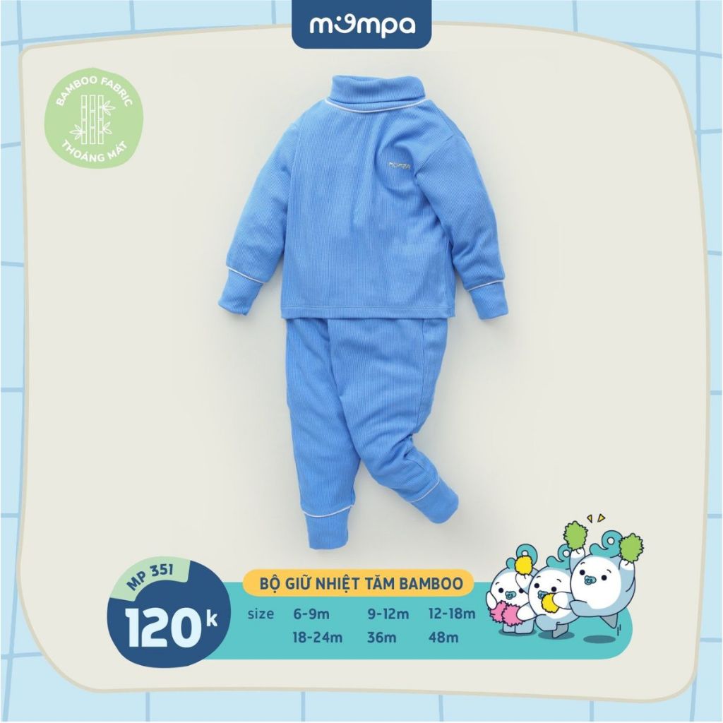 Bộ giữ nhiệt cho bé Mompa từ 6 tháng đến 4 tuổi vải Sợi tre Bamboo tăm dài tay cổ cao ấm áp co giãn MP 351