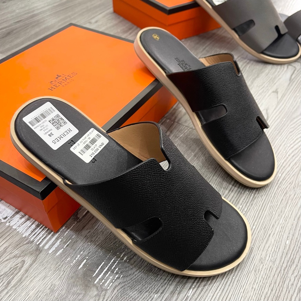 Dép lê nam HM quai ngang da PU trơn sần hình chữ H đế phíp gỗ 3 lớp hàng cao cấp full box bill DL43P