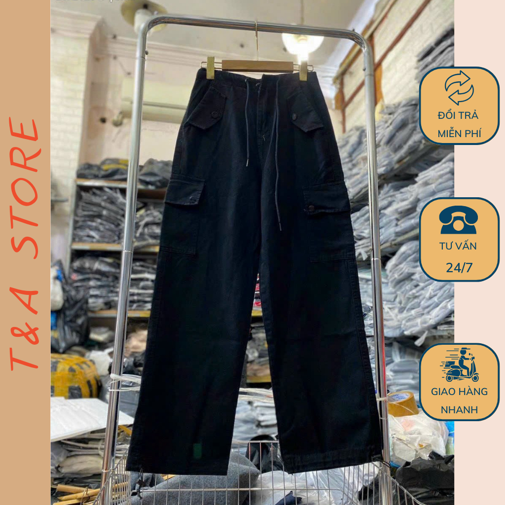 Quần kaki nữ ống rộng thiết kế Túi hộp To phối dây rút điều chỉnh eo, quần hộp nữ Cargo Pant cạp cao 6 màu thời trang