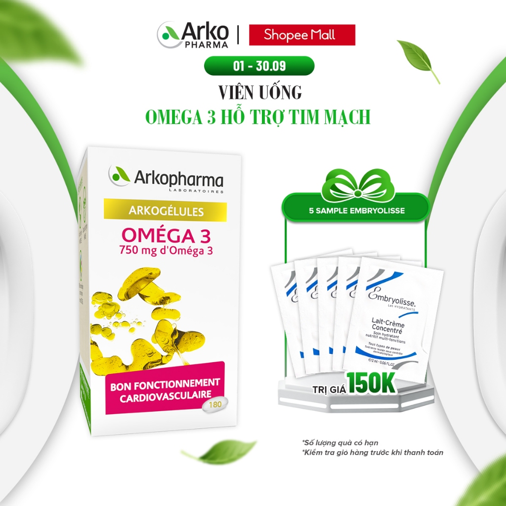 Viên uống dầu cá hỗ trợ tim mạch Arkopharma Arkogelules Omega 3 [ 1 hộp x 180 viên