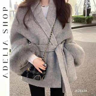 「ADELIA」Áo Khoác Măng Tô Dạ Dáng Ngắn Phối Lông Cáo Mềm Mịn Kèm Thắt Lưng Hàng QCCC Loại 1 TD167