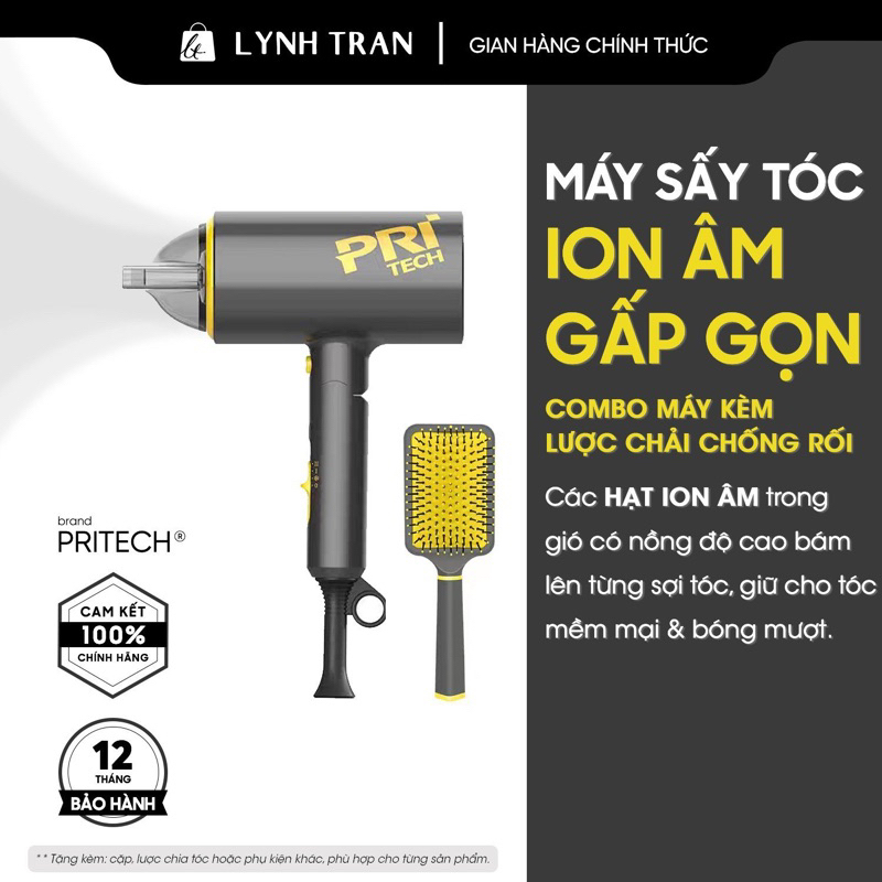 Bộ đôi Máy sấy tóc ION và Lược chải tóc chống rối Pritech®️