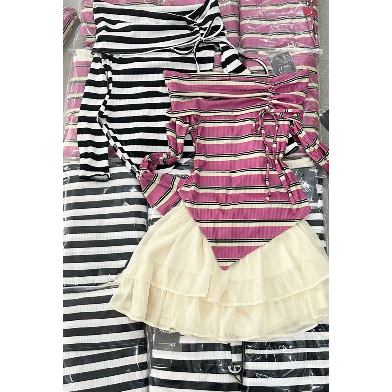 Set Bộ Đồ Áo Nhũ Voan Bệt Vai Tay dài Chân Váy Tầng xoè ngắn MaTP