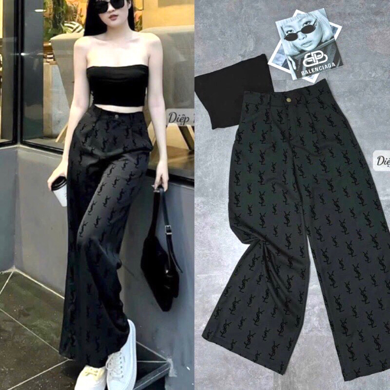 Set Chất Đẹp Y.S.L Áo Ống + Quần Thun dày Hoạ Tiết Chữ MaB, Set Áo Quây cúp ngực quần suông rộng