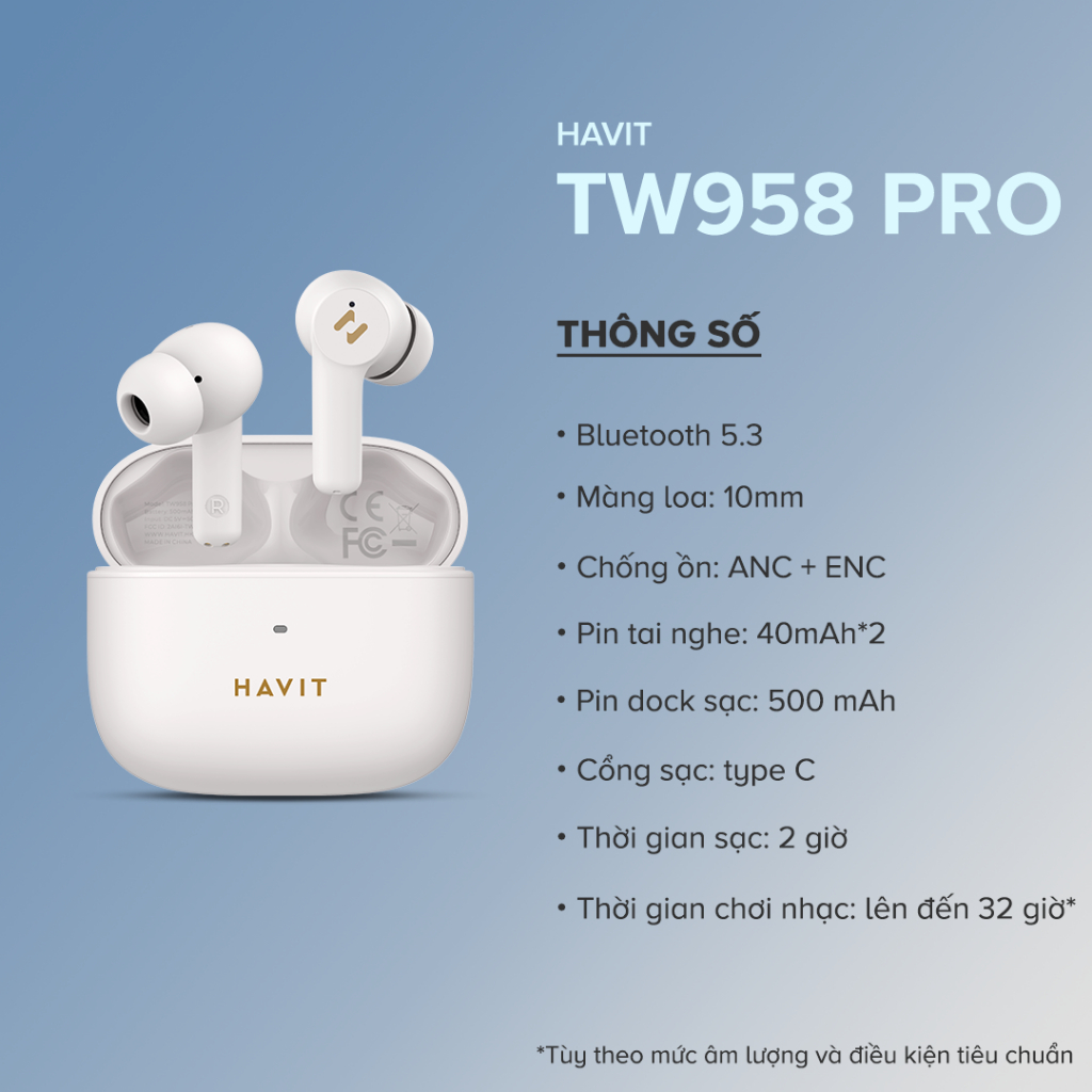 Tai Nghe TWS HAVIT TW958 Pro, BT 5.3, 2 Mic ENC + ANC Hỗ Trợ Đàm Thoại, Độ Trễ 55ms, Nghe Đến 32 giờ - Hàng Chính Hãng