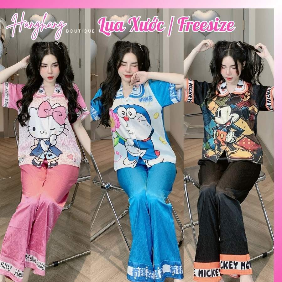 Bộ đồ ngủ nữ pijama lụa xước dài tay cộc freesize 40-60kg, đồ bộ nữ mặc nhà giá rẻ, đồ ngủ lụa dài cute gấu dâu xinh