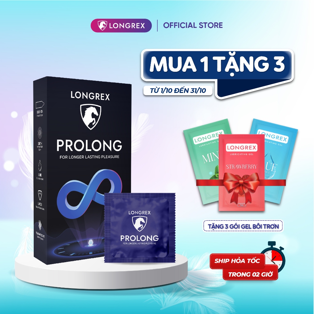 Bao cao su siêu mỏng Longrex Prolong kéo dài thời gian quan hệ mùi hương vani nhiều gel bôi trơn hộp 10 bcs LR09