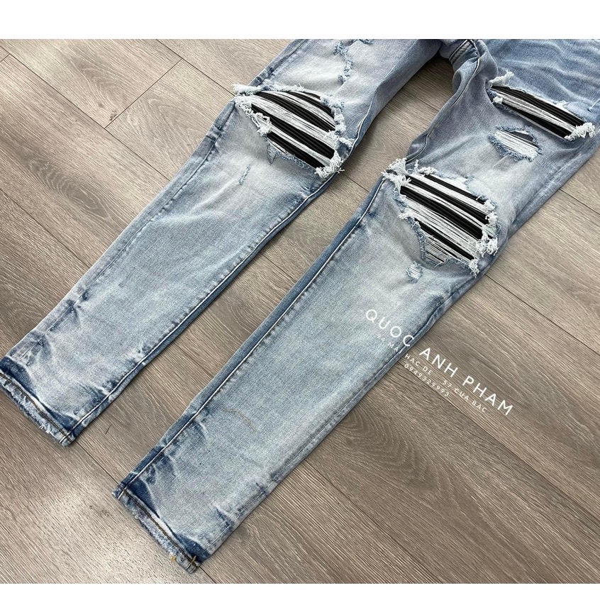 Quần AMIRI 4 Cúc Xanh Gối Vá Da Nhăn Quần Skinny Jean Amiri Nam Rách Gối Da Đen Trắng Đỏ Vá Họa Tiết Hot