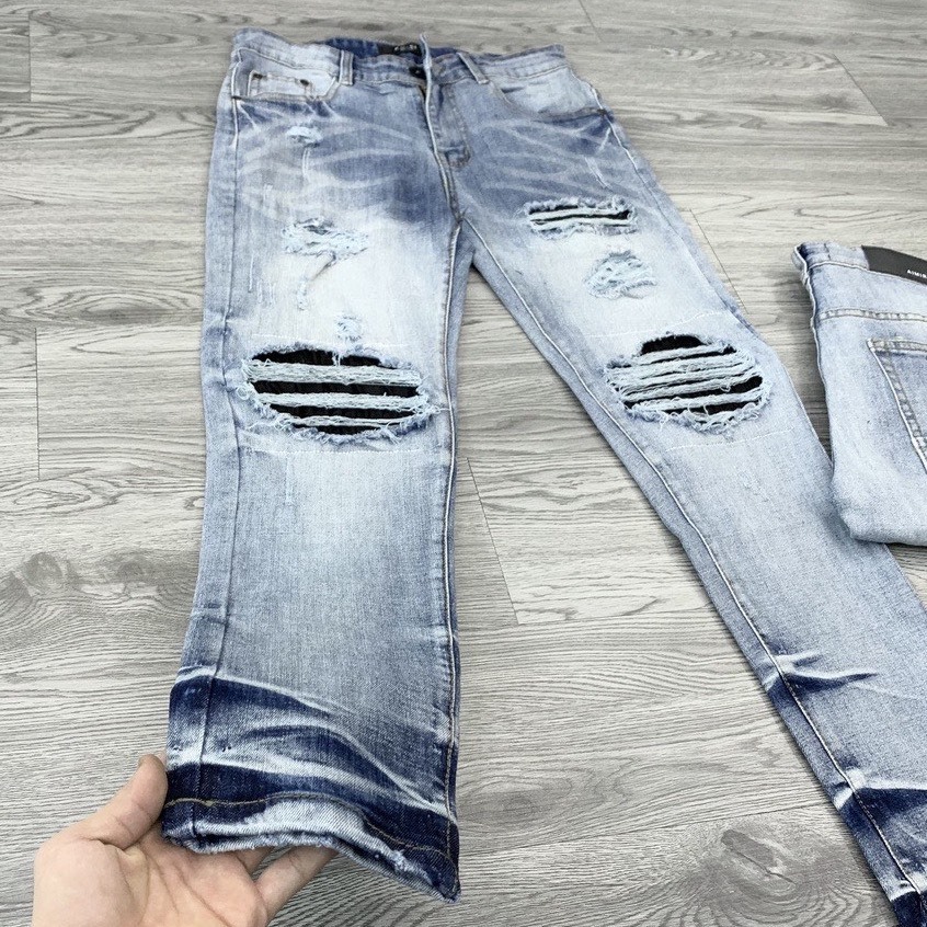 Quần AMIRI 4 Cúc Xanh Gối Vá Da Nhăn Quần Skinny Jean Amiri Nam Rách Gối Da Đen Trắng Đỏ Vá Họa Tiết Hot